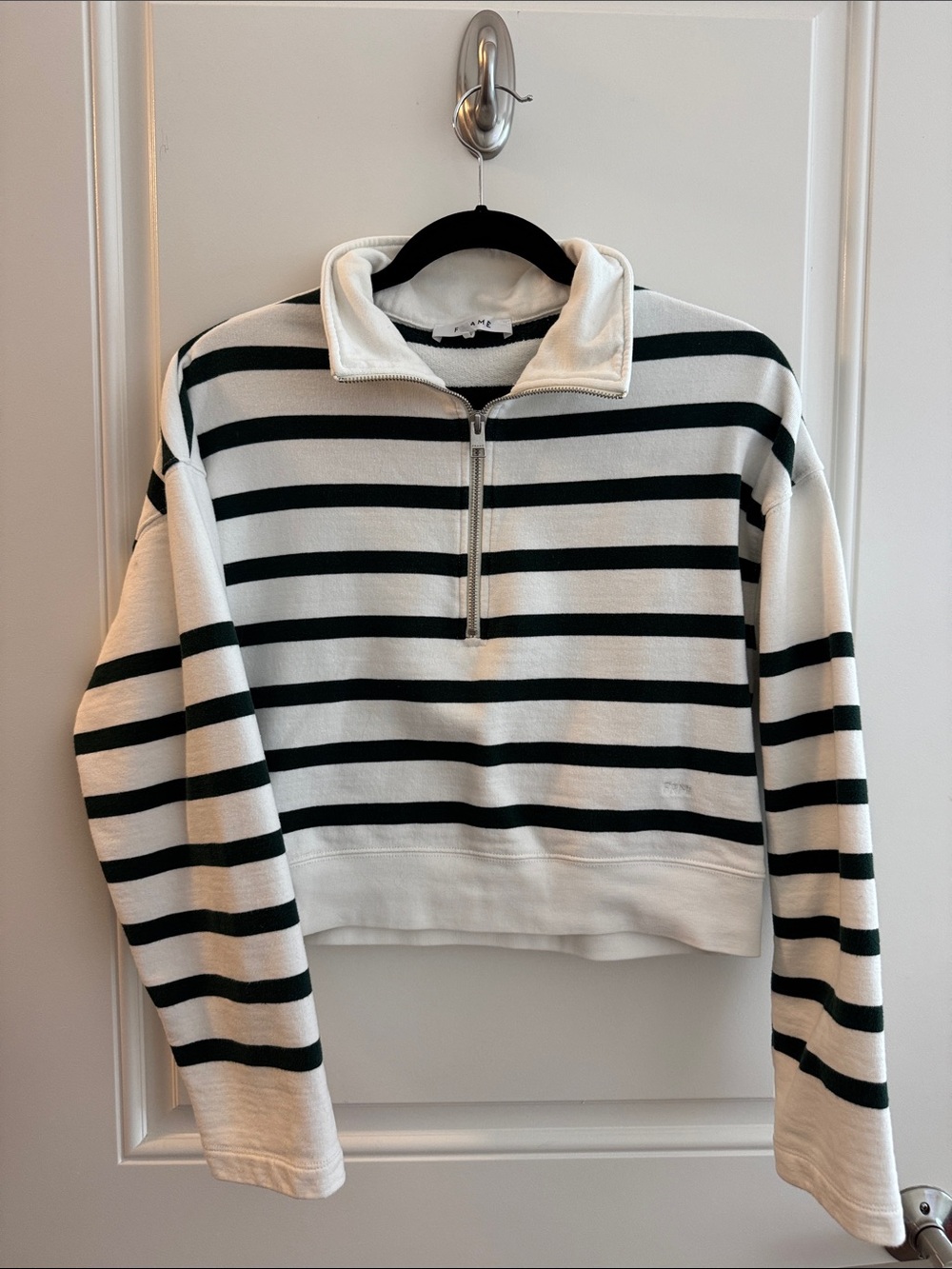 Frame Denim Green & White Striped Half-Zip Turtleneck Pullover